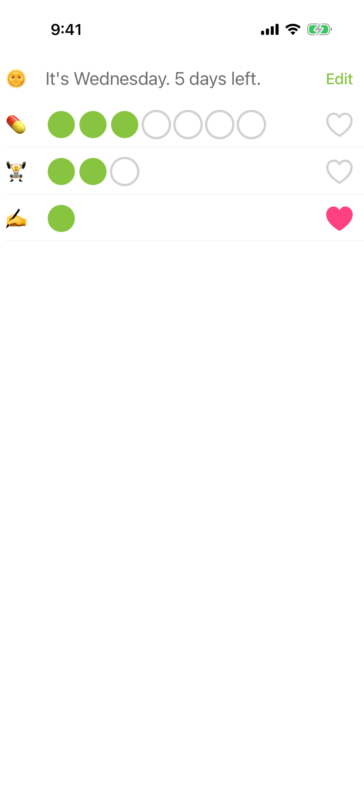 Greendot showing three weekly goals as green-dot punchcards